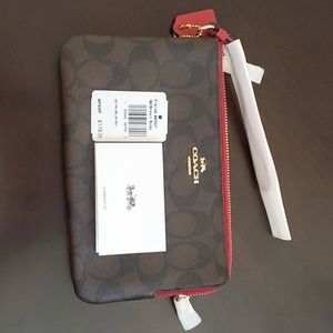Coach Double zip Wristlet : COLOR: Brown and Ruby